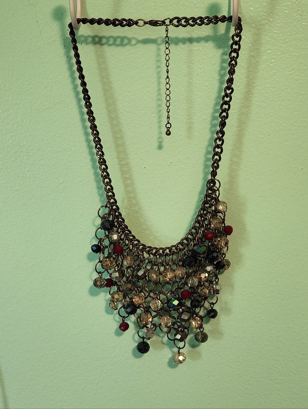 Beaded Fringe Statement Necklace - Antique Gold with Red & Blue Beads